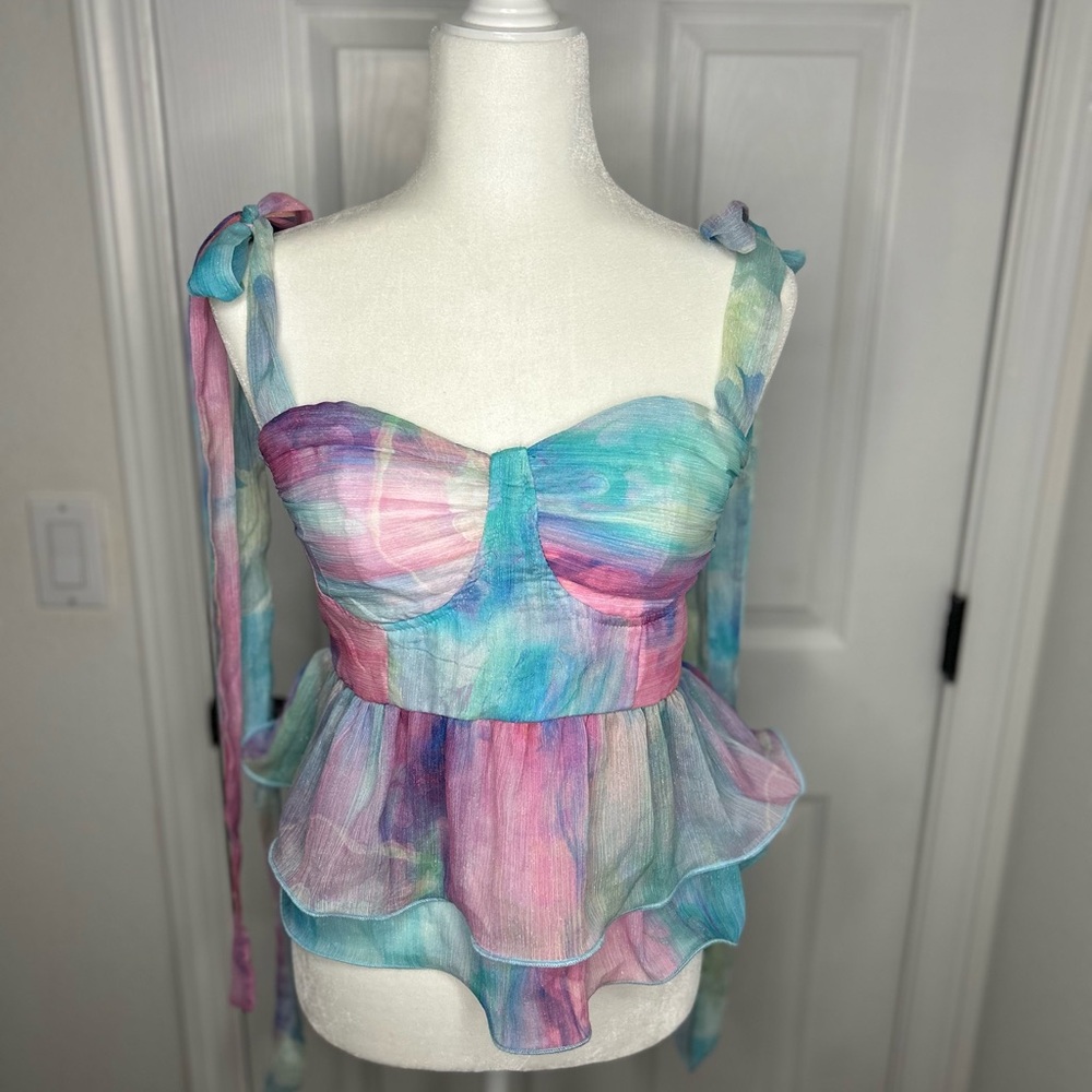 SHEIN Pastel Watercolor Tie-Shoulder Peplum Camisole
